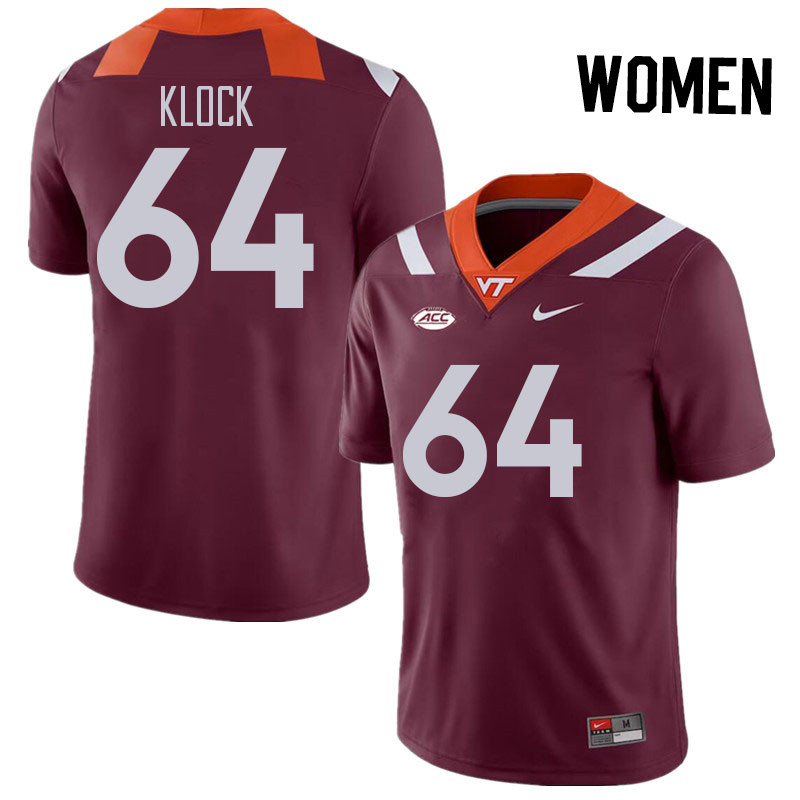 Women #64 Elijah Klock Virginia Tech Hokies College Football Jerseys Stitched Sale-Maroon